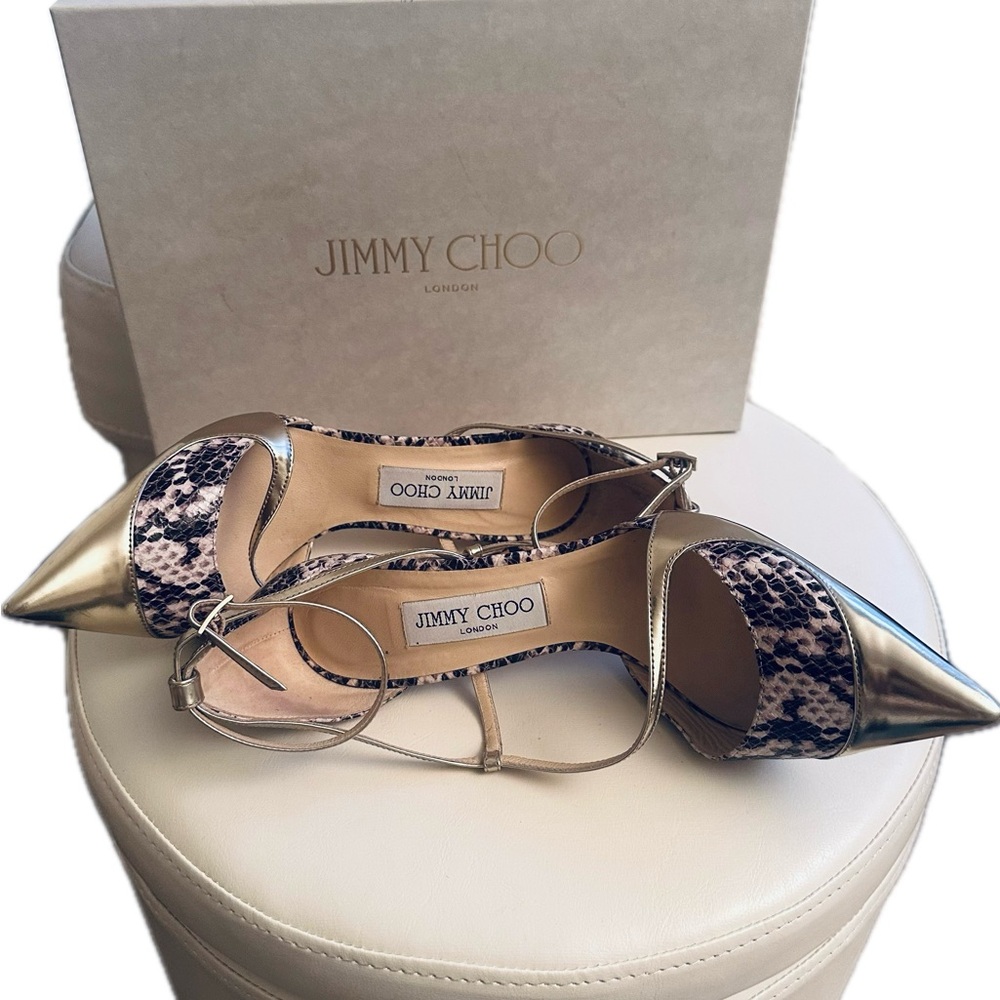 Jimmy Choo Metallic Gold and Snake Print Pointed Toe Heels - Picture 3 of 7